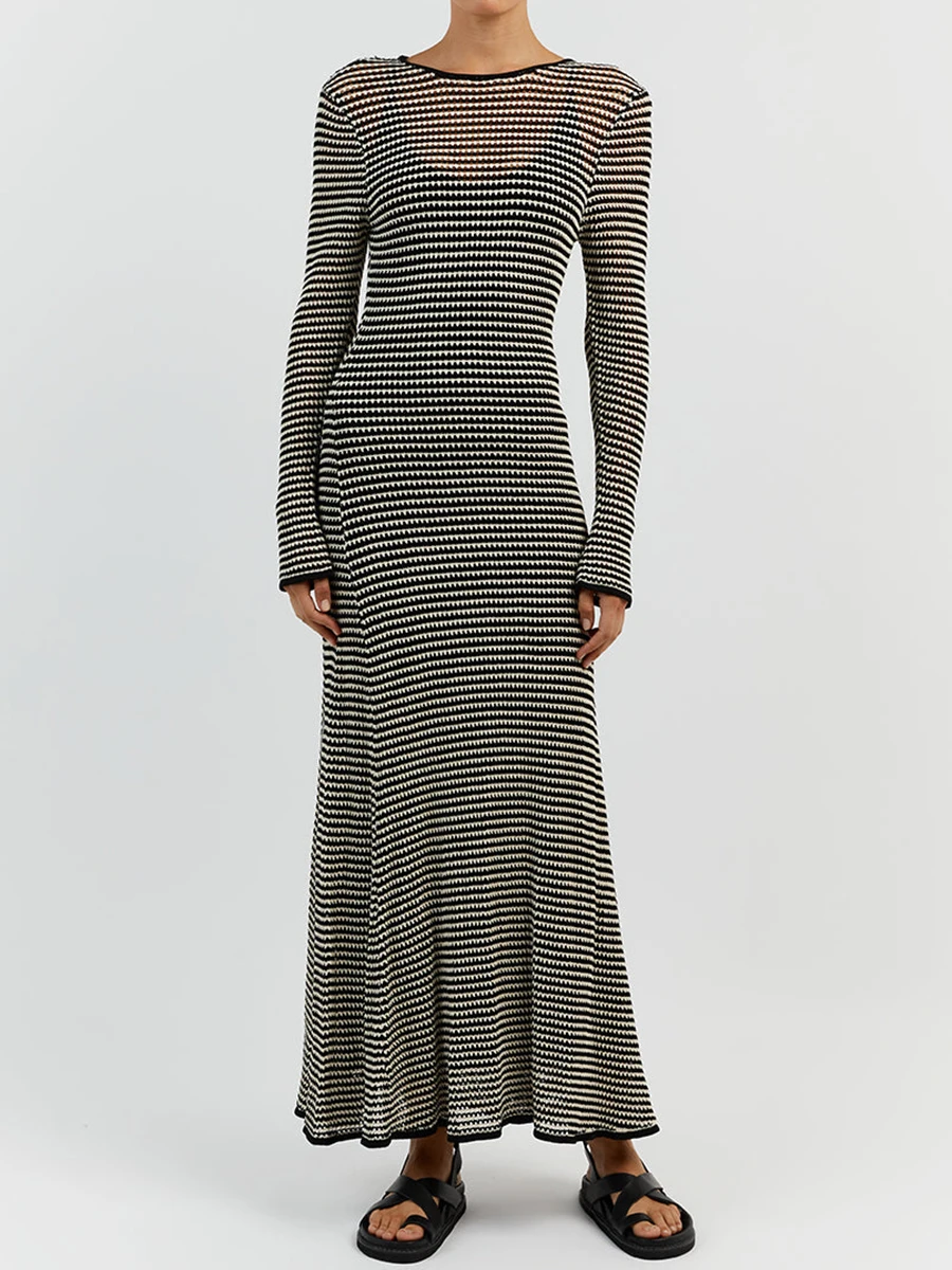 

New Women Long Knit Dress Mesh Hollow-Out Stripe Crew Neck Long Sleeve Tie-Up Beach Dress Summer Holiday Bikini Cover-Ups