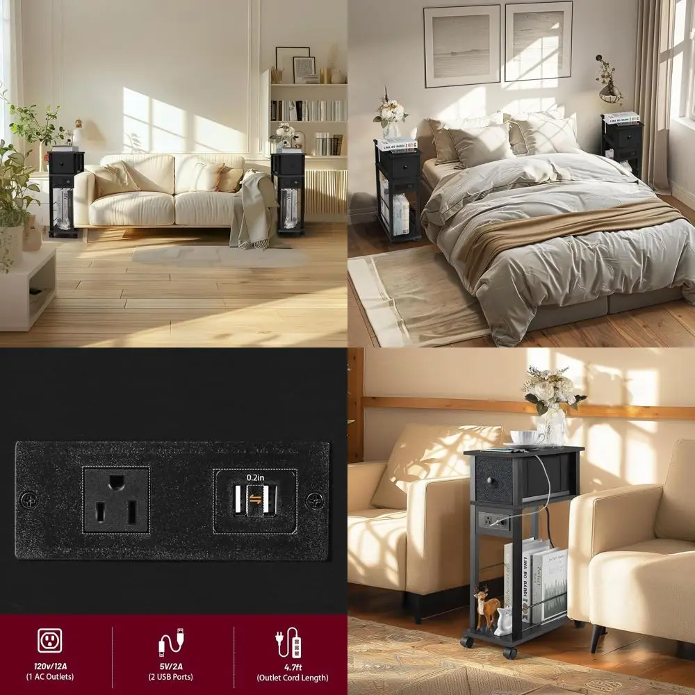 

Pair of Mobile Side Tables with Charging & Storage for Compact Spaces: Ideal for Living, Bedroom, Office