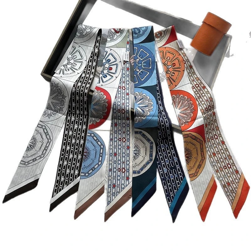 

5*86CM Long Kaleidoscope Design 100% Silk Scarf Women Sweet Hair Tie Skinny Bag Scarves Neckerchief
