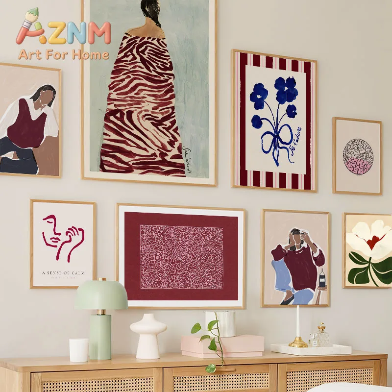 Red Striped Girl Flower Line Face Abstract Posters And Prints Wall Art Canvas Painting Hotel Bar Pictures For Living Room Dec