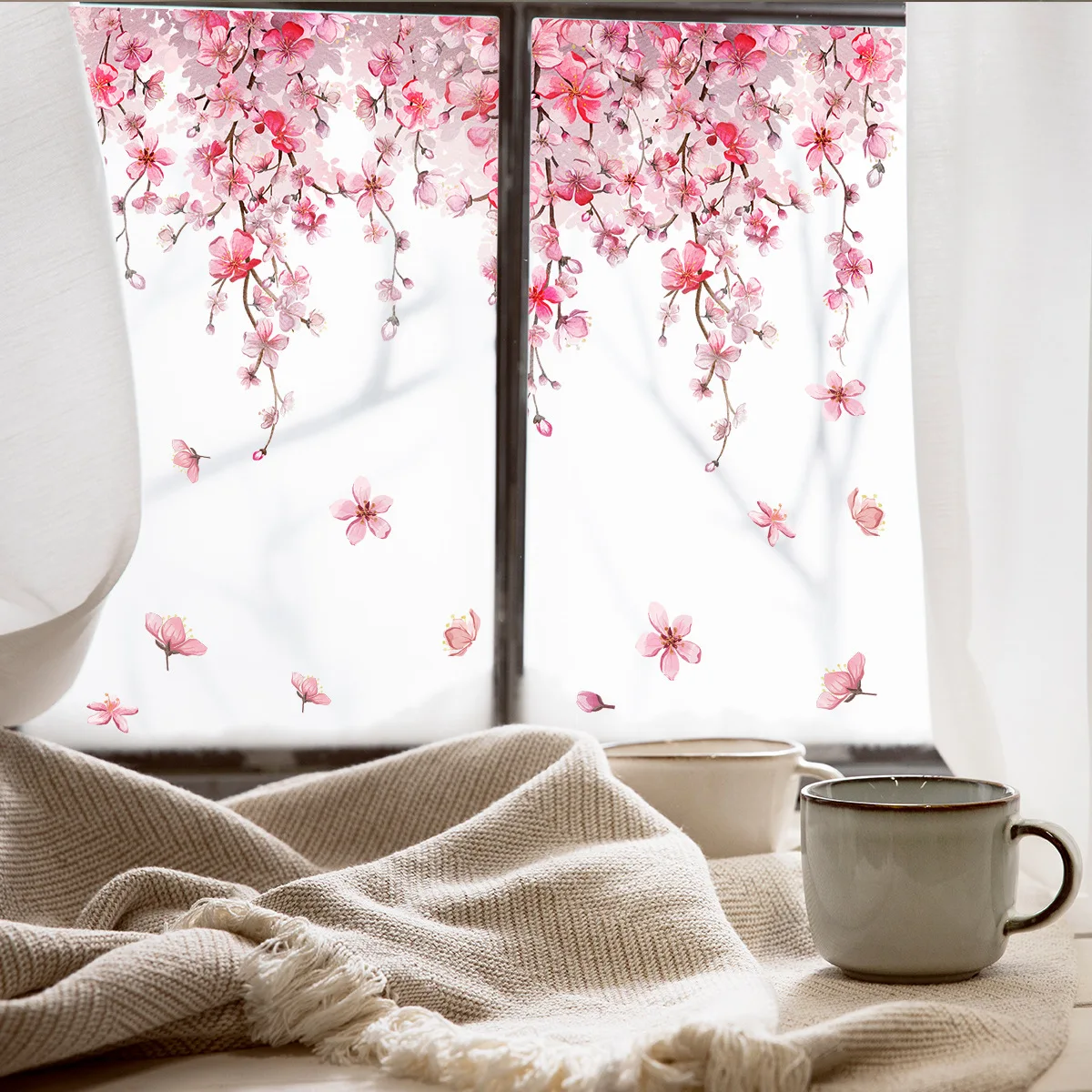 NEW 1 Set Pink Flower Static Window Stickers Diy Wallpaper Wall Sticker Decals Festival Home Decor Crafts Window Cling Sticker