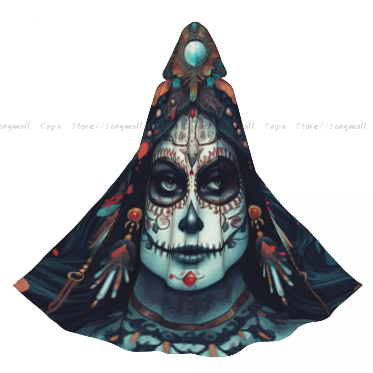 Adult Halloween Mexican Skull Calavera Cloak Cape Hooded Medieval Costume Full Length Dress Coat