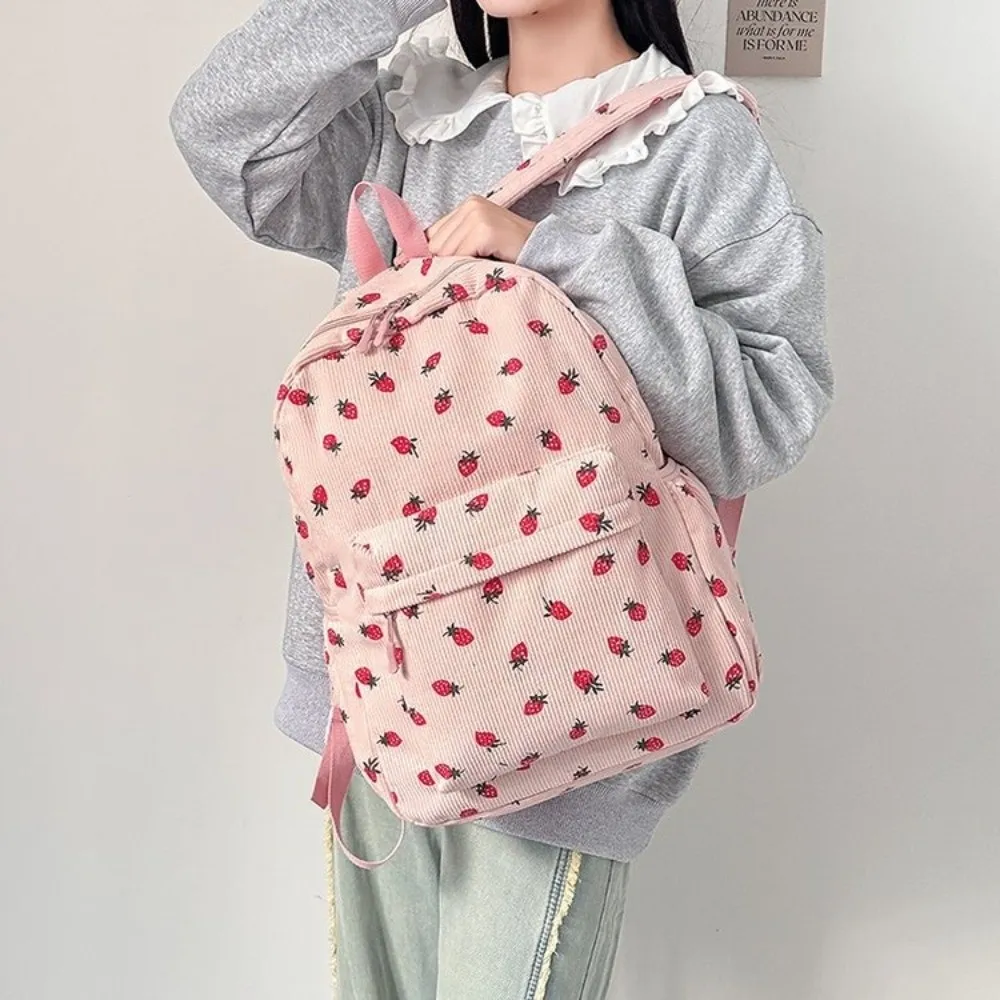 Strawberry Corduroy Backpack Solid Color Lightweight Students School Bag Large Capacity Japanese Style Students Daypack Work