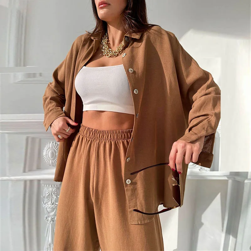 Women Solid color Shirt set Elegant Summer Fashion Long sleeve Buttons blouse + waist Wide Leg long Pants two Piece set outfit