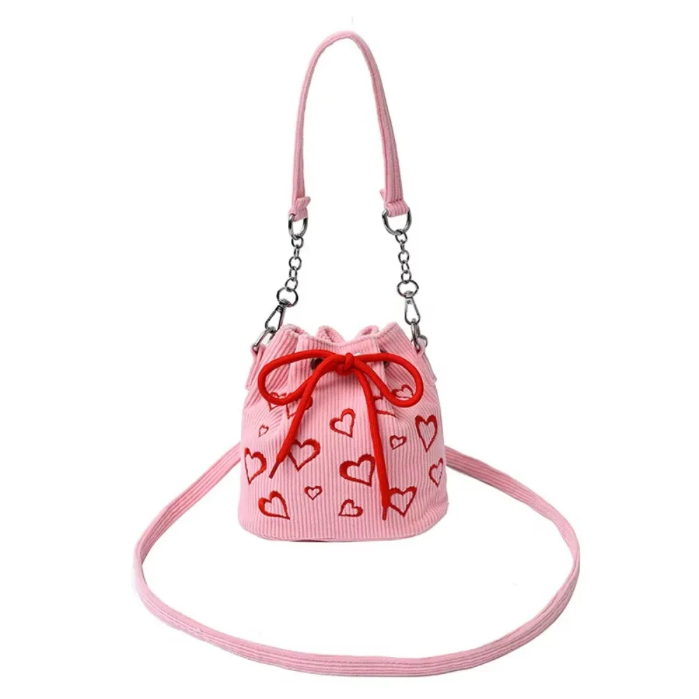 

INS Corduroy Bucket Bags Large Capacity Knitted Texture Hearts Embroidery Handbag Adjustable Straps Pleated Design