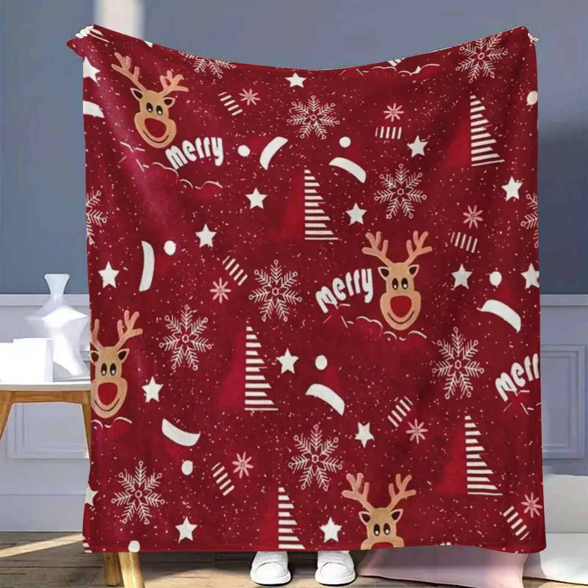 

Роскошное красное бархатное одеяло — бросок с принтом оленей винно-красного цвета