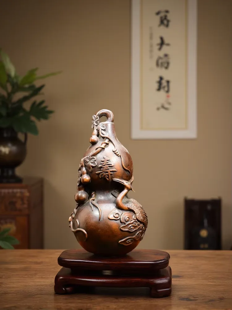 Old Boxwood Longevity gourd Crane, melon and vine pattern Magic Gourd Wenfang screen Town House Exorcism