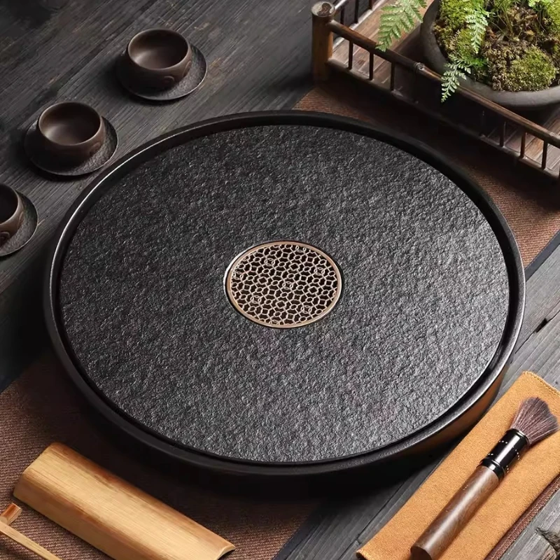 Modern Round Tea Tray Stone Plate Drainage Serving Tea Tray Living Room Home Ceramic bandeija imperial antiga Decorative Tray 2