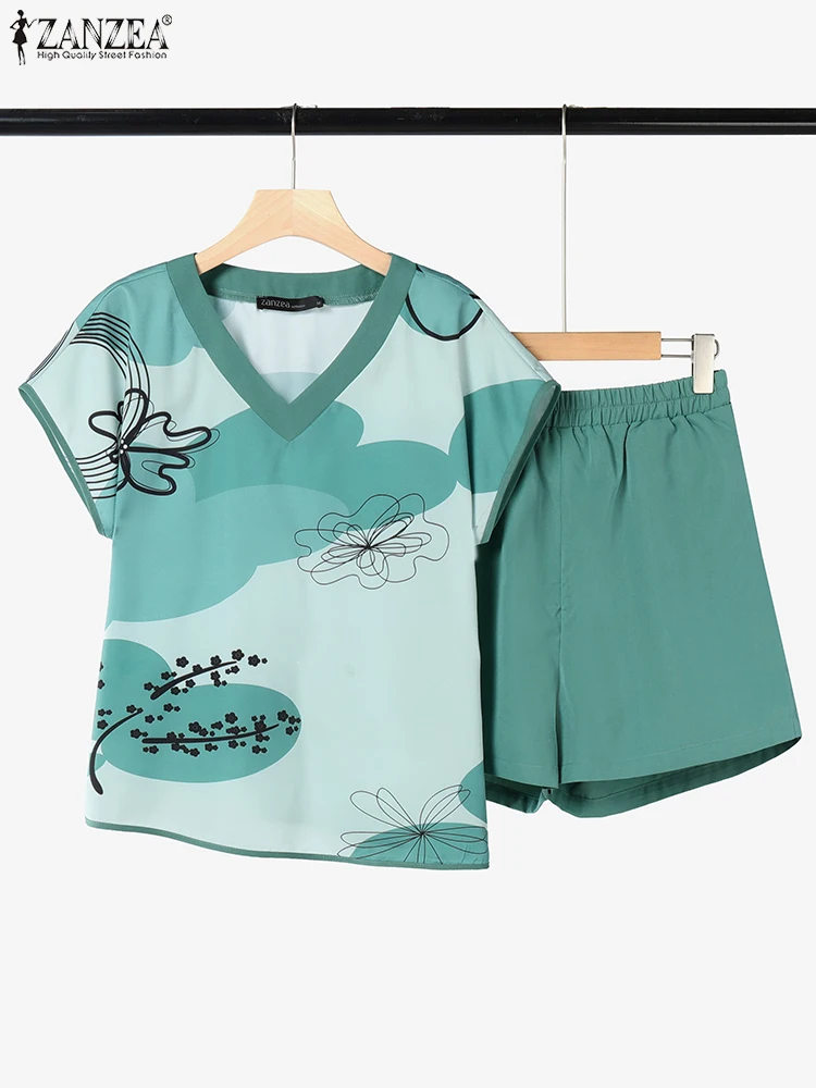 

2025 ZANZEA Summer Outfits 2PCS Women Floral Printed Blouse Short Sets Casual V Neck Short Sleeve Tops Suit Vintage Matching Set
