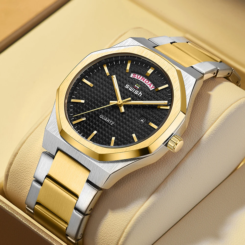 SWISH Luxury Yellow Gold Polygon Watch for Men Quartz Business Relogio Masculino Week Date Display Business Dress Clock 2023