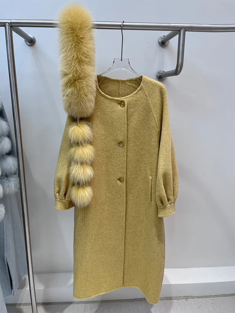 Zimowa kurtka z prawdziwego futra damska długa kaszmirowa wełniana płaszcz z naturalnym kołnierzem z futra lisa szal luksusowa gruba odzież wierzchnia damska