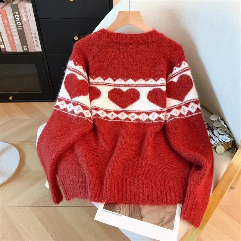 Red Christmas New Year Round Neck Sweater Woman With Love Beading Autumn Winter Soft Thicken Knitted Top Clothes
