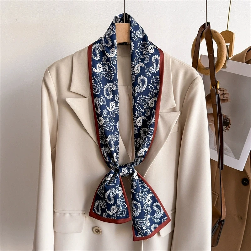 145x12cm Women Cashew Double Layer Skinny Bag Scarf Brand Silk Foulard Fancy Ribbon Tie Suit Collar Scarves For Ladies