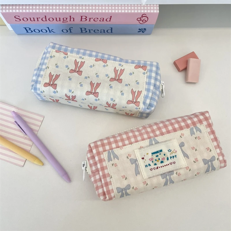 

Женская косметичка в клетку с милым цветочным принтом и бантом, пенал для девочек, женские портативные сумки контрастного цвета для хранения