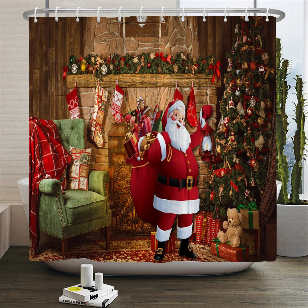 عيد ميلاد سعيد دش الستار سانتا كلوز دش الستار الحديثة سنة جديدة سعيدة حمام ستائر مقاومة للماء ديكور المنزل مع السنانير #3