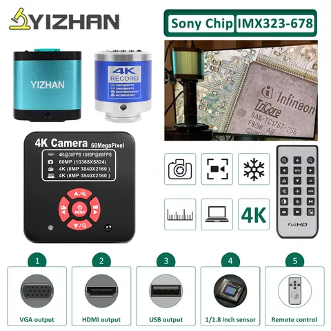 YIZHAN SONY IMX415L 삼안 현미경 카메라 60MP 48MP 13MP 4K VGA USB HDMI 비디오 현미경 카메라 C/CS 마운트 (납땜용)