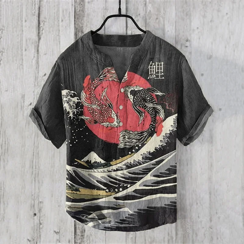 Summer fashion retro style men's V-neck shirt Japanese art shirt literary casual fashion short-sleeved T-shirt men's large size