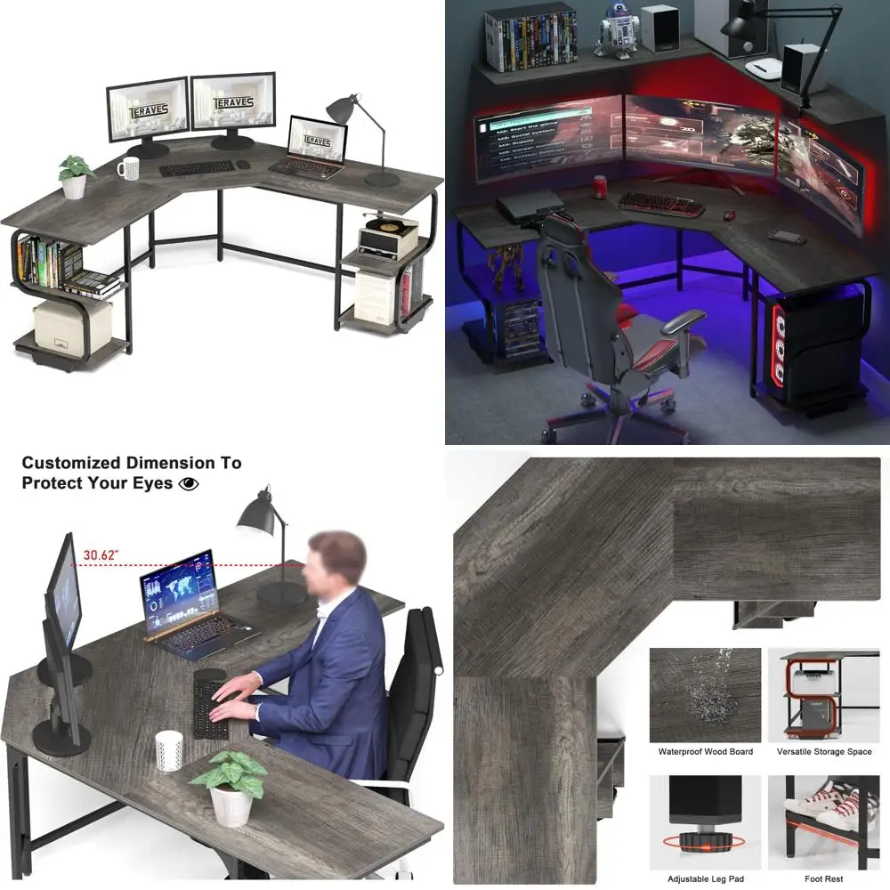 

Modern L-Shaped Desk with Shelves for Gaming and Home Office - Corner Desk in Black Oak and Black Finish