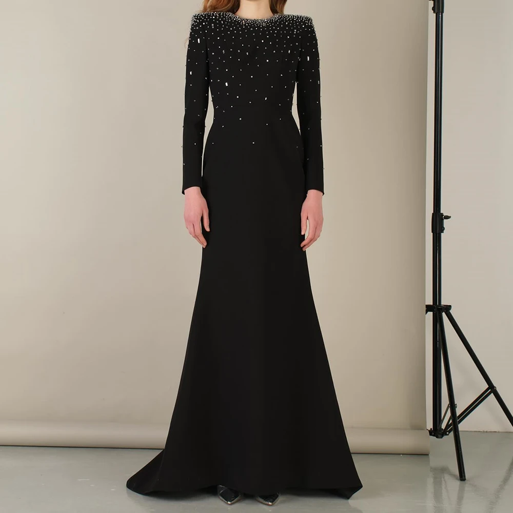 

Вечерние платья русалки по индивидуальному заказу, длиной до пола, с круглым вырезом и длинными рукавами, платье для выпускного вечера Fsahion, простое драпированное изысканное вечернее платье с кристаллами
