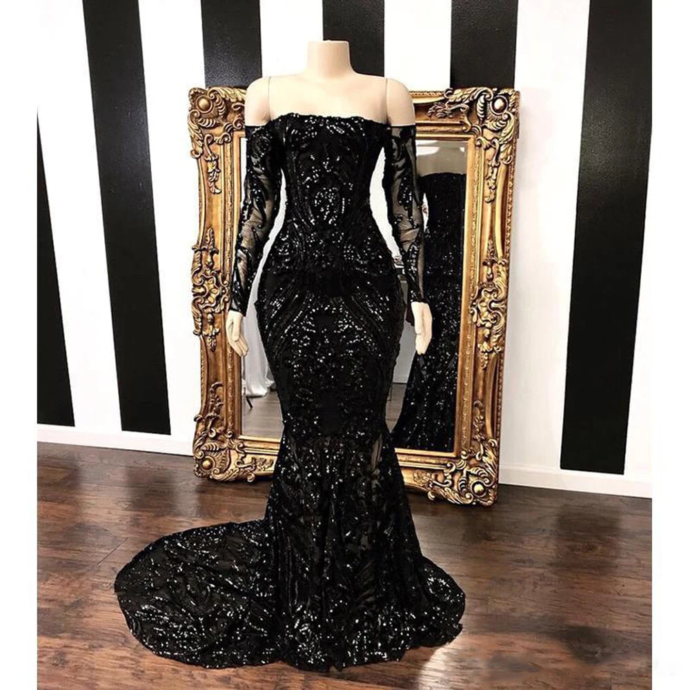 Black Lace Sequined Women Evening Dresses 2023 Latest Vestido Boat Neck Long Sleeves Exquisite Wedding Prom Party Robe De Soiree