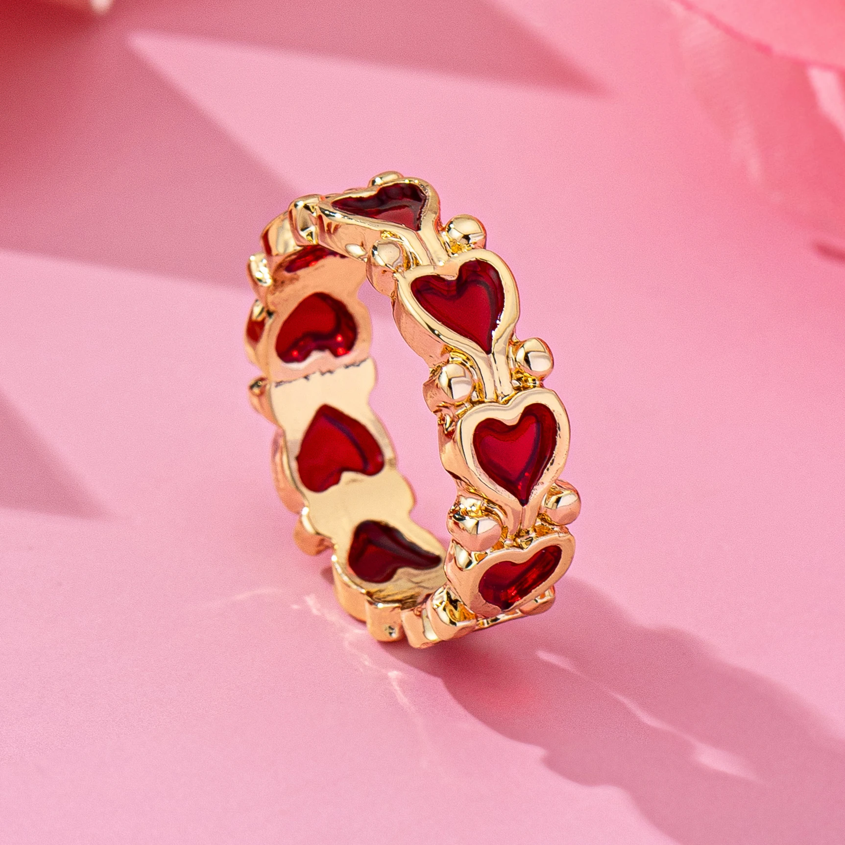 

Simple sweet and cute European and American style metal alloy transparent red enamel glaze love ring, couple gift dating jewelry