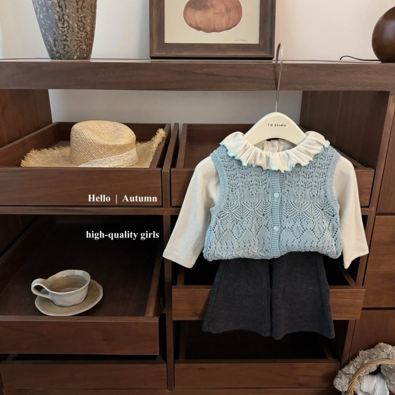 2026 Baby Girl Korean Hollow Out Vest Layering Doll T Shirt Flare Pants Kids Autumn New Style Trendy