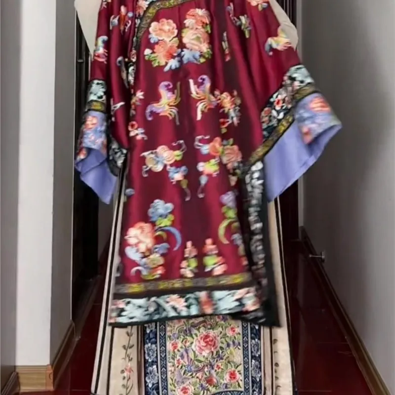 Traje antiguo de la dinastía Qing para mujer, ropa de estilo Hanfu Manqing, a cuadros, vestido Cheongsam rojo