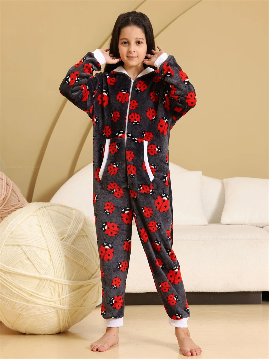 Hooded Flannel Pajamas For Children Animal Pyjamas Kids Onesie Girls Sleepwear Ladybug Print Jumpsuit