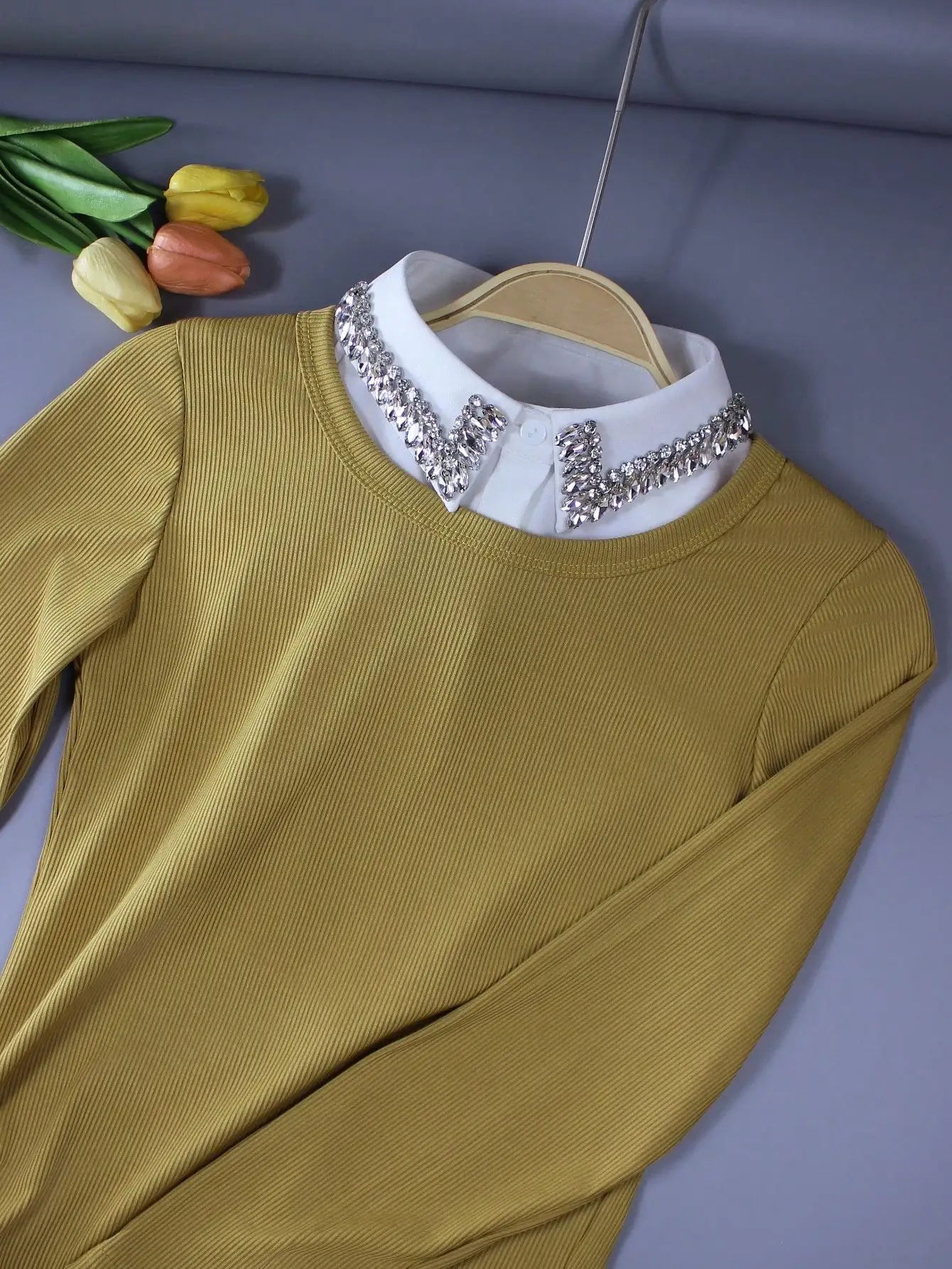 ياقة فاخرة قابلة للفصل عالية الجودة مع كريستالات متألقة - ياقة قميص نسائية أنيقة براقة ومتعددة الاستخدامات لجميع المواسم