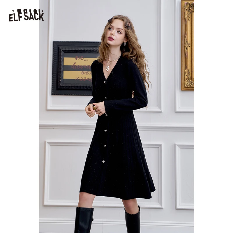 

ELFSACK 2025 Winter New Arrivals Elegant Bodycon V-Neck Knitted Bow Button Detail Dress For Woman