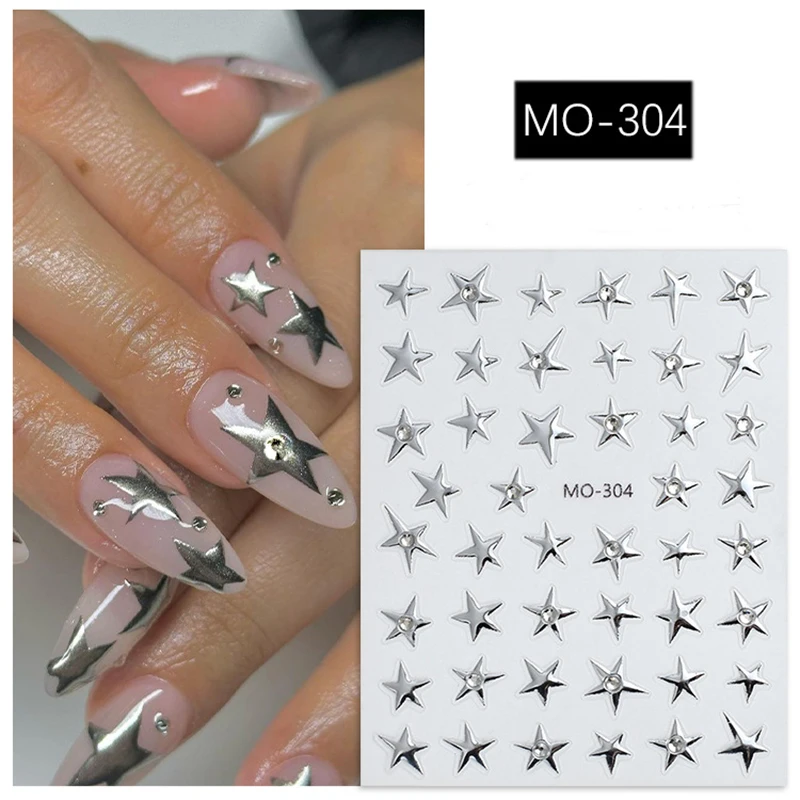 5D Embossed Nail Art Decals Silver Irregular Five-points Stars Adhesive Sliders Nails Stickers Decorations For Manicure