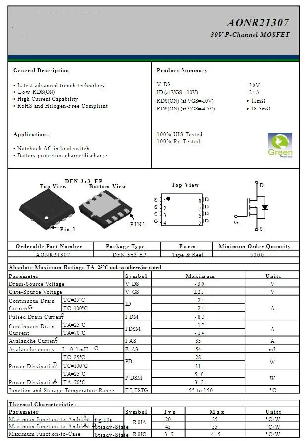 20Pcs AONR21321 21321 AONR21357 21357 AONR21307 21307 AONR21305C 21305C  DFN3x3EP  30V P-Channel MOSFET Chip 100% New original