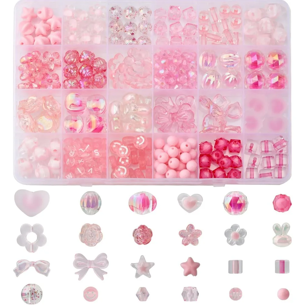 279Pcs 24Style Pink Acrylic Beads Assorted Beads Transparent Mixed Shape Cute Adorable Heart Flower Letters Smile Beads Bulk Set