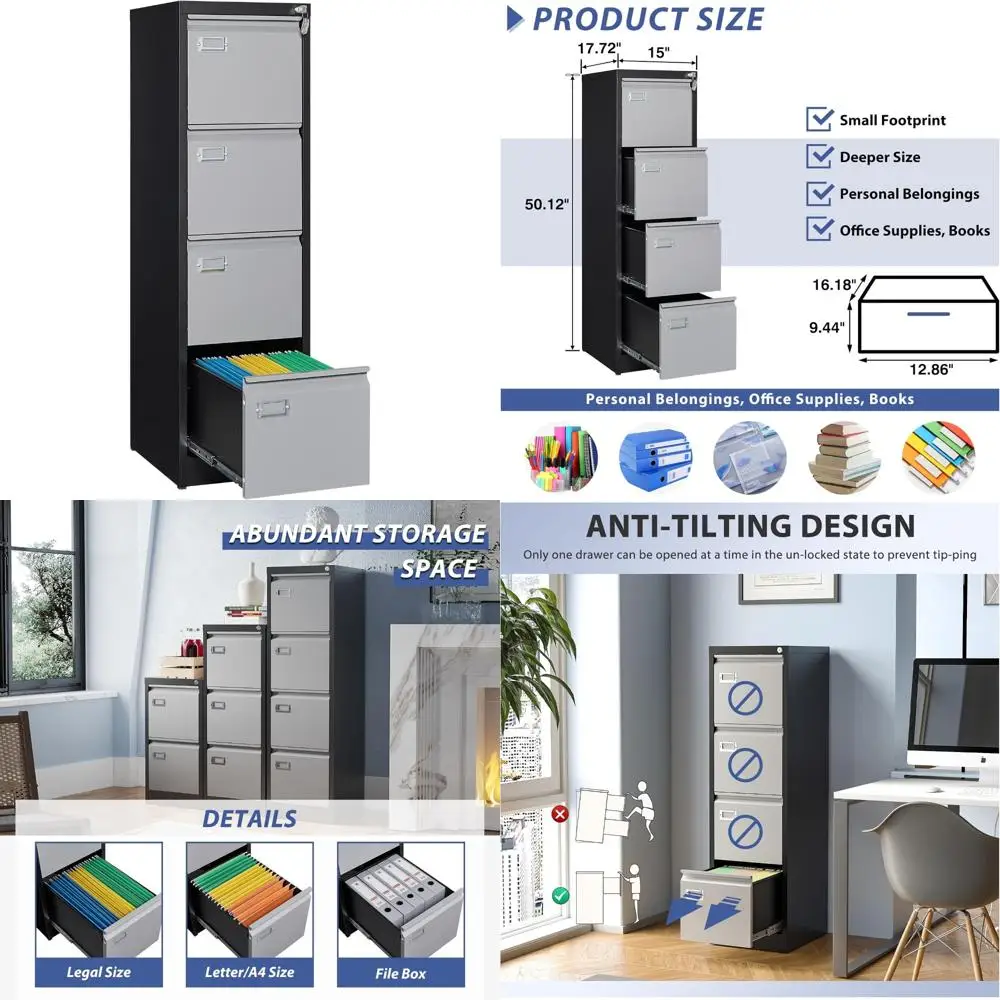 خزانة ملفات معدنية بقفل عمودي للمكتب المنزلي - خزانة تخزين بأربعة أدراج مع أمان