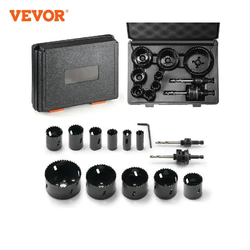 

VEVOR Hole Saw Kit 11 PCS Saw Blades 2 Drill Bits 1 Hex Wrench General Purpose Size from 3/4" to 3" Bi Metal M42 Hole Saw Set