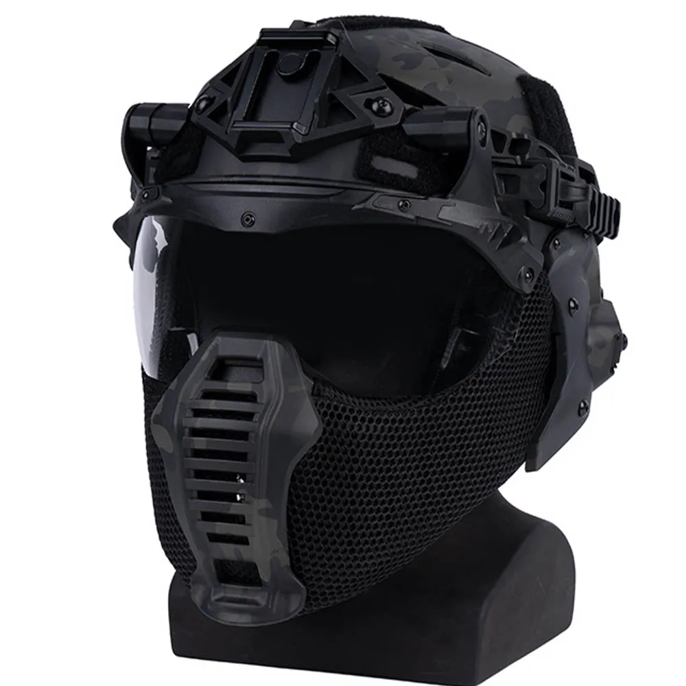 Tactical Helmet Set Wendy Protection Equipment with Half Face Mesh Rail Mask Ear Side Cover Flip-Top Goggles For Outdoor Sport