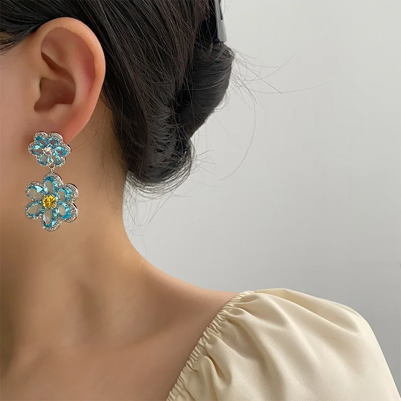 New Fashionable Sweet Design Micro Inlaid Exquisite Light Luxury Blue Premium Double Flower Heavy Duty Petals Earrings