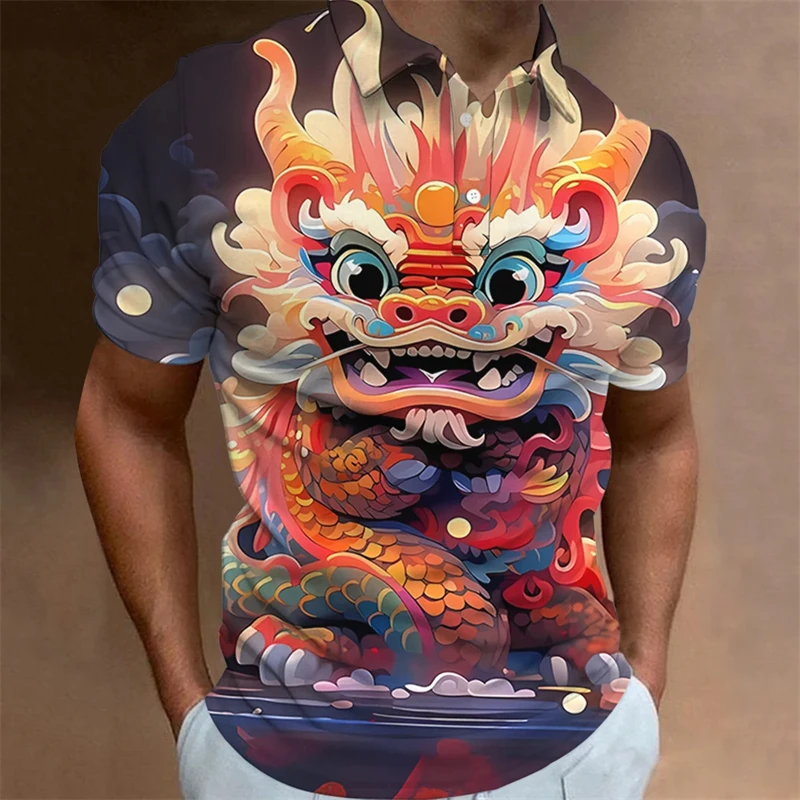 2024 Animal Polo T-Shirts For Men 3d Chinese Loong Printed Men\'s Clothing Oversized Shirts Summer Casual Short Sleeved Tops Tees