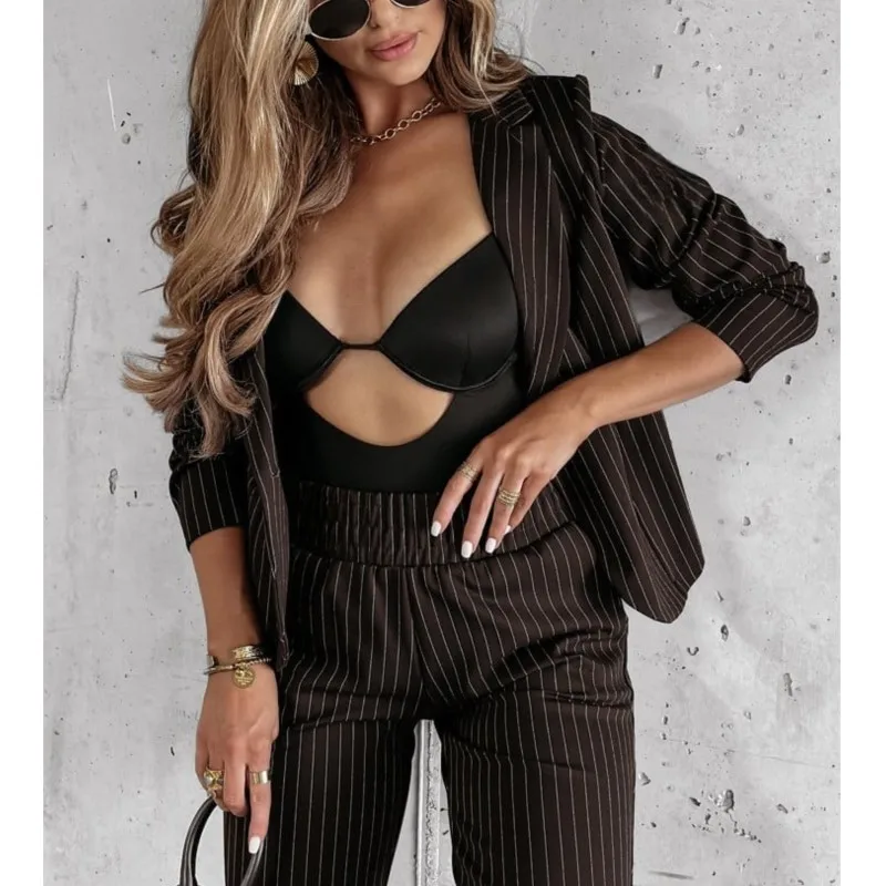 

Коричневый женский костюм из двух предметов в тонкую полоску, новинка 2025 года, блейзер и брюки, комплект с длинным рукавом, облегающий повседневный комплект для офисной вечеринки, уличный костюм