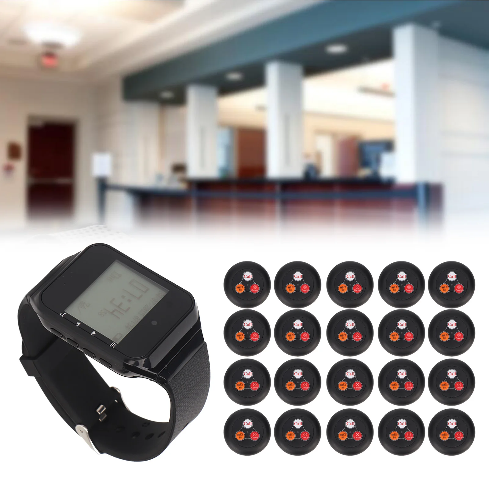 Wireless Watch Calling System Watch Pager 20 Call Buttons LCD Display Rechargeable Wireless Watch Calling System Caregiver Pager