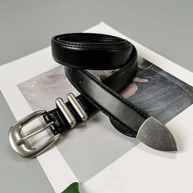 

Ремень, универсальный старый модный ремень, модный высококачественный кожаный ремень с серебряной пряжкой, черный двухслойный ремень из воловьей кожи