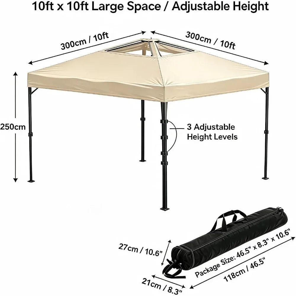 Gazebo pliable Garvee 3m x 3m, tente de jardin imperméable avec protection UV UPF 50+, installation rapide en 1 minute, structure en acier renforcé, sac de transport à roulettes et 4 sacs de sable inclus, pour jardin, beige
