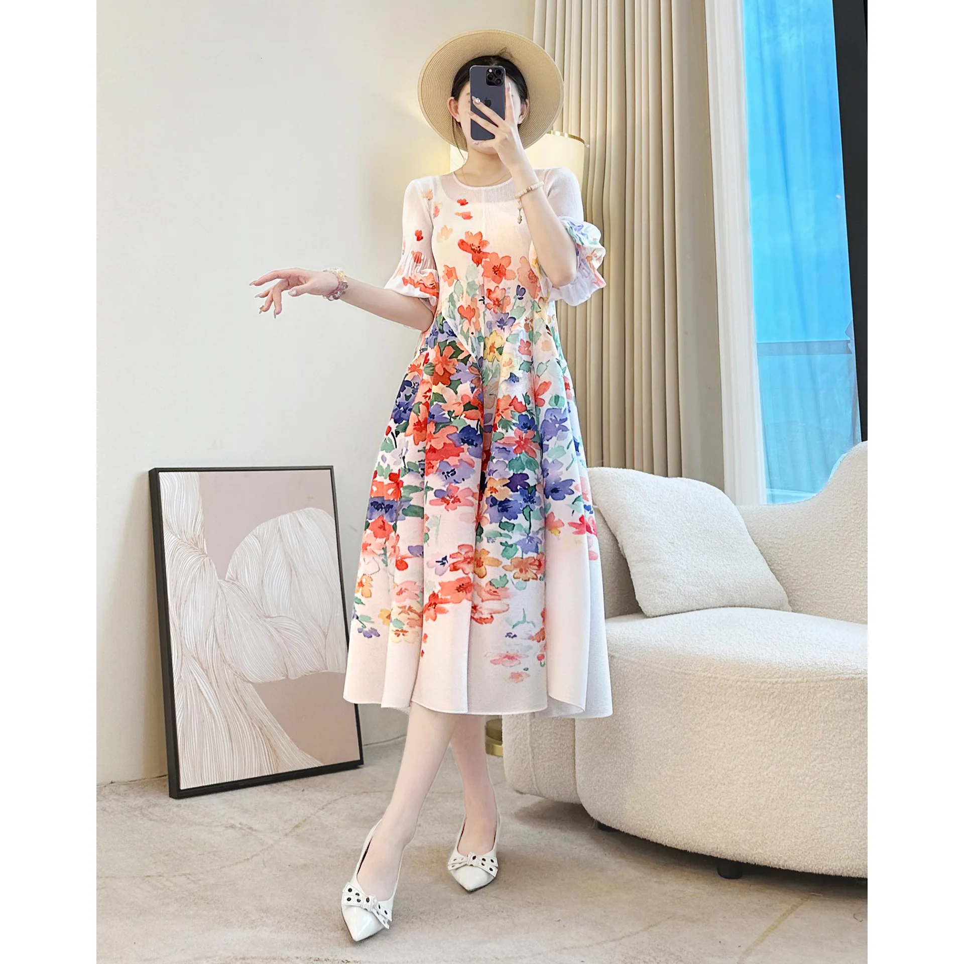 Miyake Elegant Plant Floral Printing Pleated Women's Dress Chic New Round Collar Lantern Sleeve Elastic Loose Casual Dresses