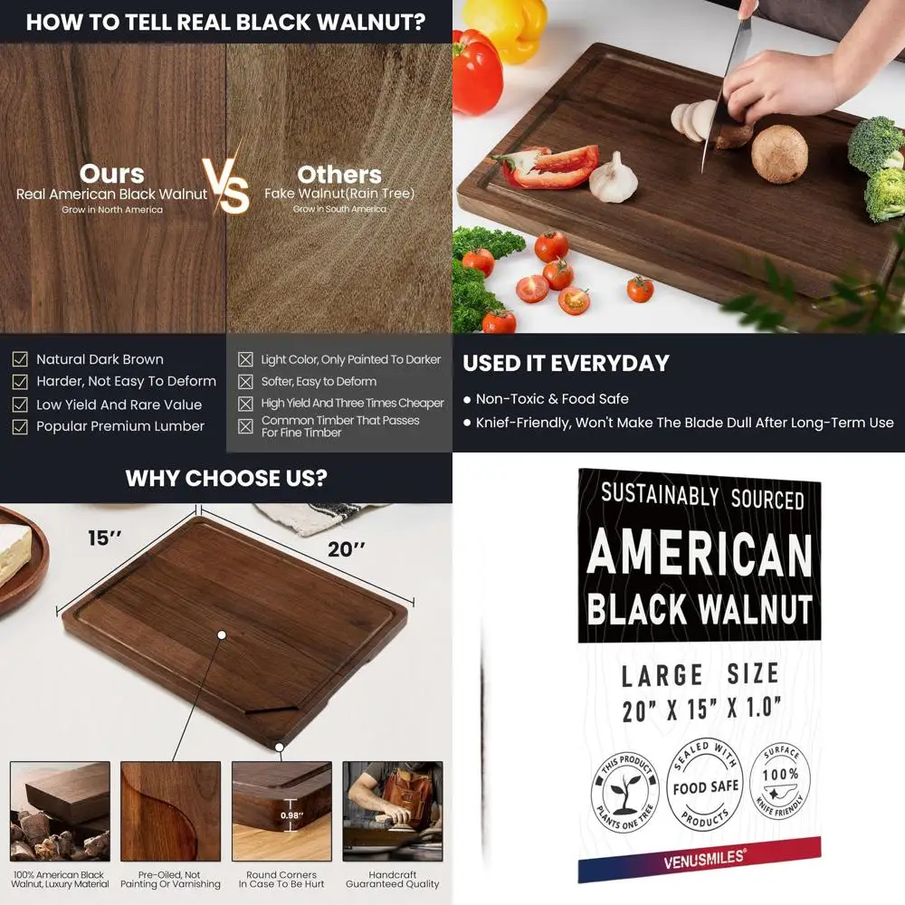 

Large 20x15 Reversible Black Walnut Chopping Board with Deep Juice Groove and Side Handles