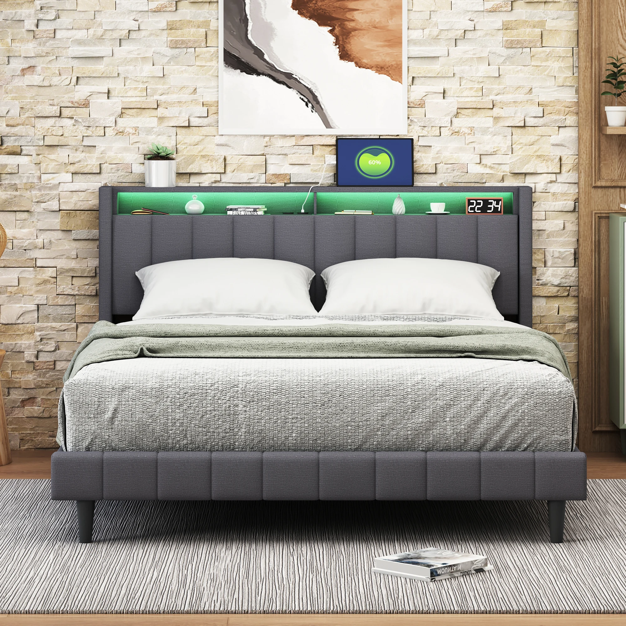 Upholstered Bed,Storage Bed,bedside with Charging USB and LED Lighting,Linen Material,140x200cm, Gray