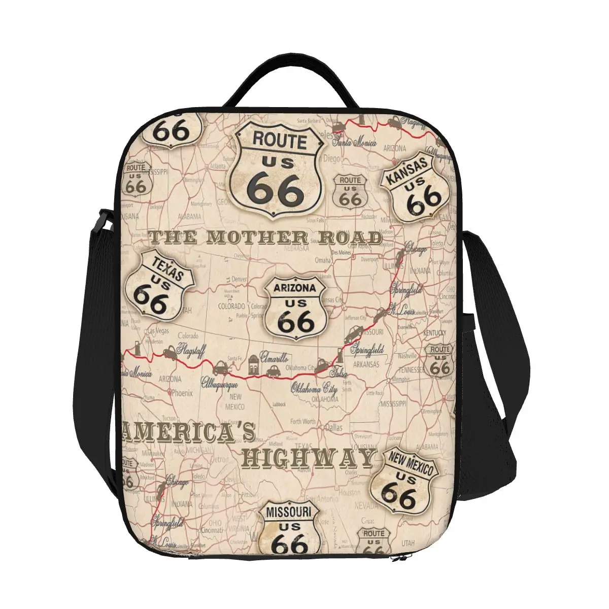 Vintage American Map Route 66 Pattern Insulated Lunch Bag for Women USA Highways Cooler Thermal Lunch Tote Kids School Children