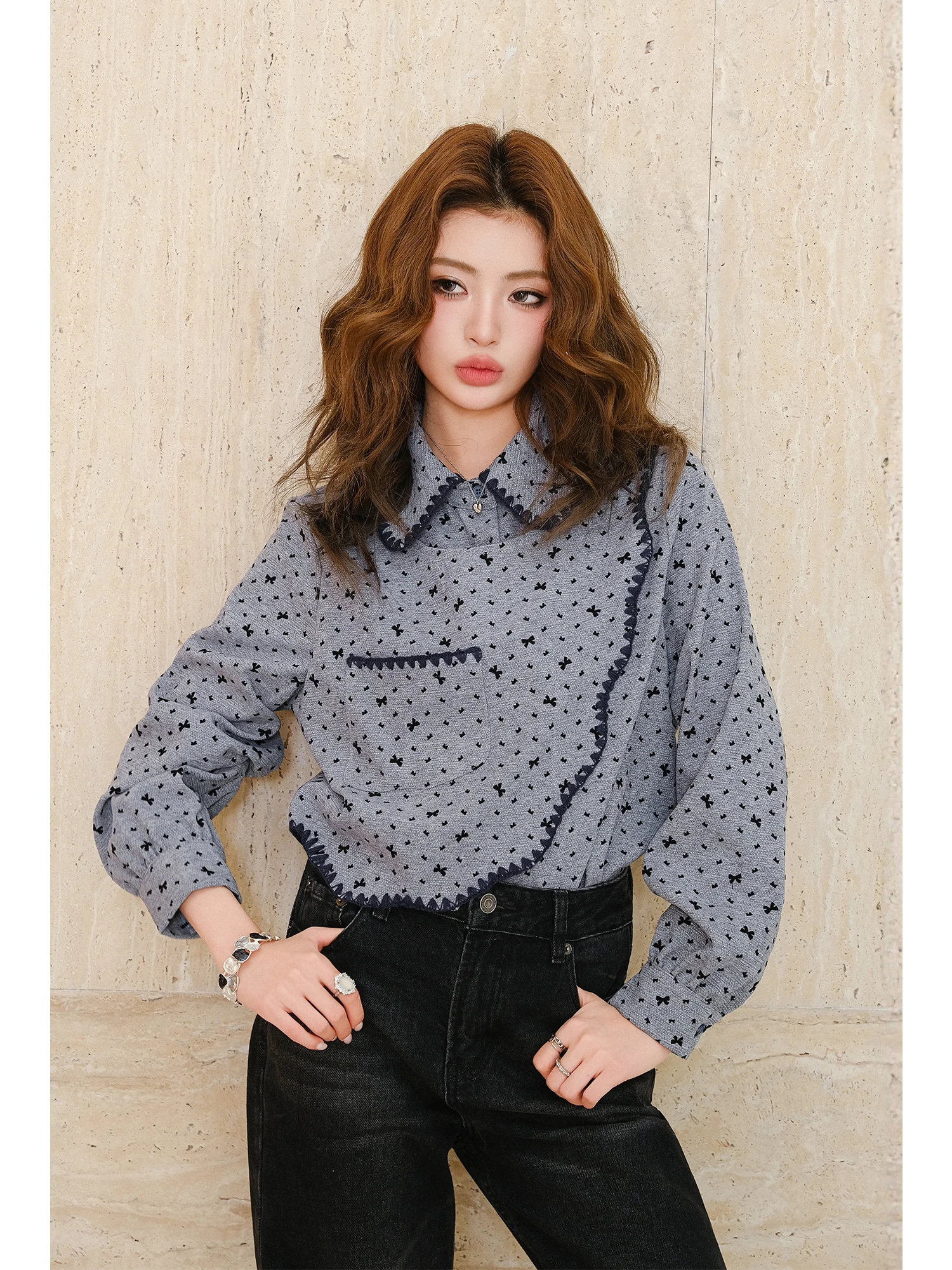 

MIUCO Chic Floral Shirt Deconstructed Unusual Top Women's Fashion College Style Long Sleeve Breathable Skin-friendly Spring