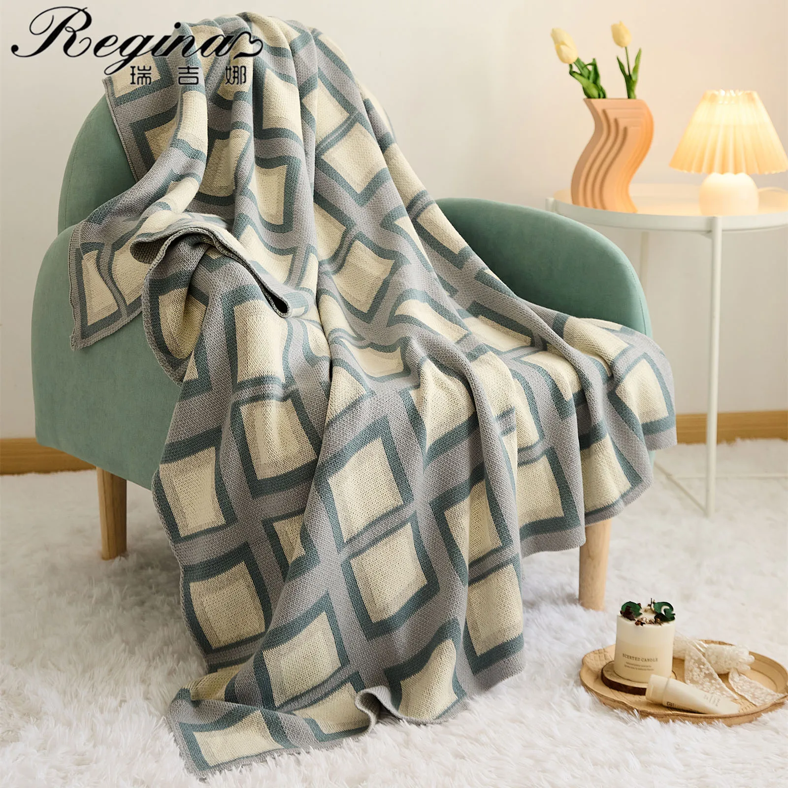 

REGINA Modern Design Chic Plaid Blanket Soft Warm Spring Three Color Frame Design Sofa Bed Car Decorative Knitted Throw Blankets