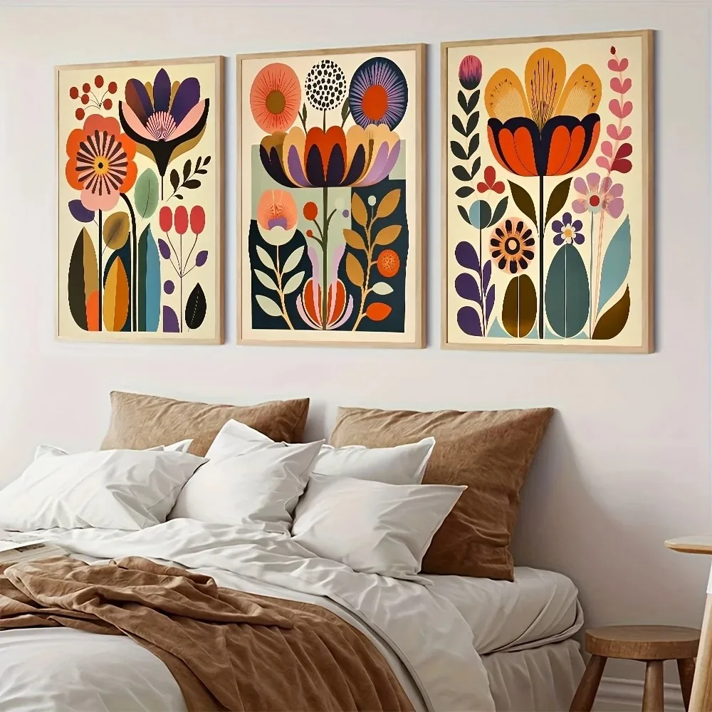 3pcs frameless Canvas Painting /set of Scandinavian Folk Art Floral Canvas Prints Bohemian Plant Wall Art Posters for Modern Liv