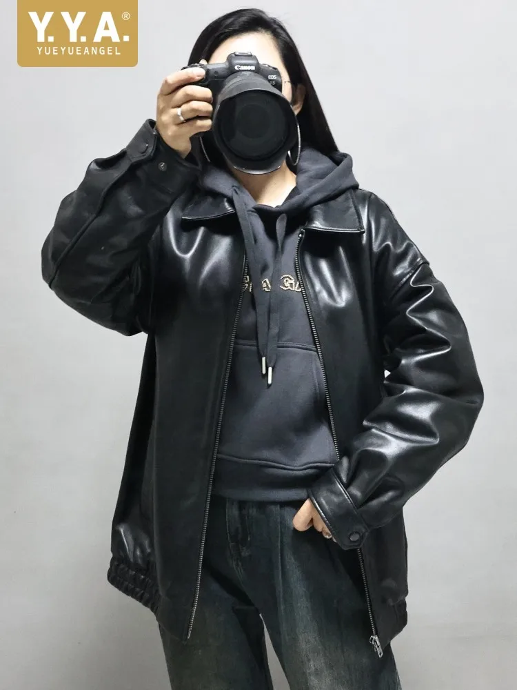 Giacca Primaverile da Donna in Vera Pelle, Colletto Rovesciato, Vestibilità Ampia, Casual, Moda Ufficio, Cappotto Morbido in Pelle di Pecora Nera